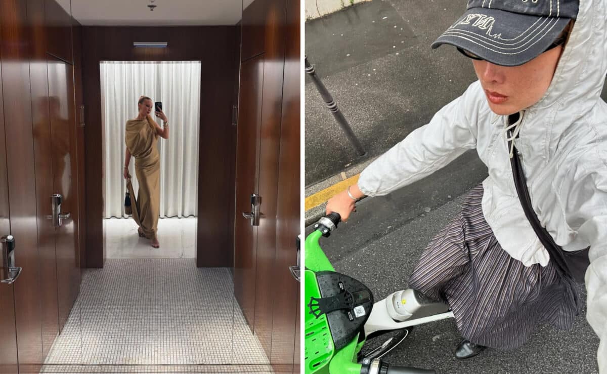 Alameda Post - A woman in a glamorous gold dress takes a mirror selfie, and a photo of a woman on a bicycle wearing a hoodie and baseball hat.