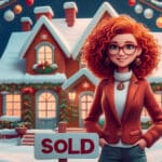 Alameda Post - An illustration of a house decorated for the holidays with a red haired woman and a "sold" sign