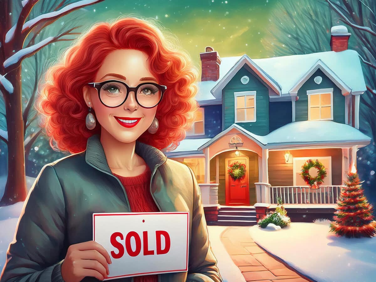 Alameda Post - a graphic of a redheaded woman with glasses holding up a "Sold" sign in front of a home
