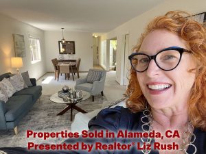 Alameda Post - A photo of a red haired woman smiling in a living room with the text "Properties Sold in Alameda, CA Presented by Liz Rush."