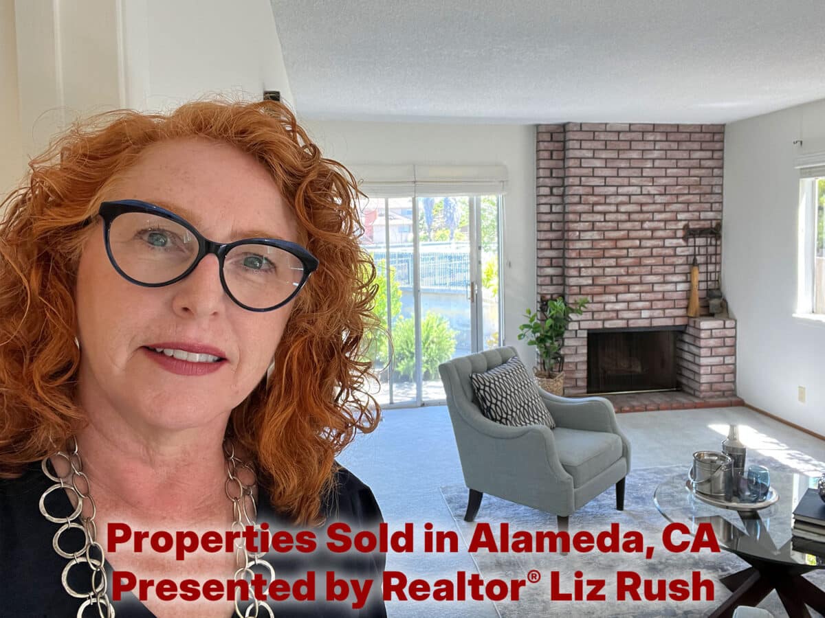 Alameda Post - A smiling red haired woman stands in in a living room with the words "Properties Sold in Alameda, CA Presented by Realtor Liz Rush" over the top.