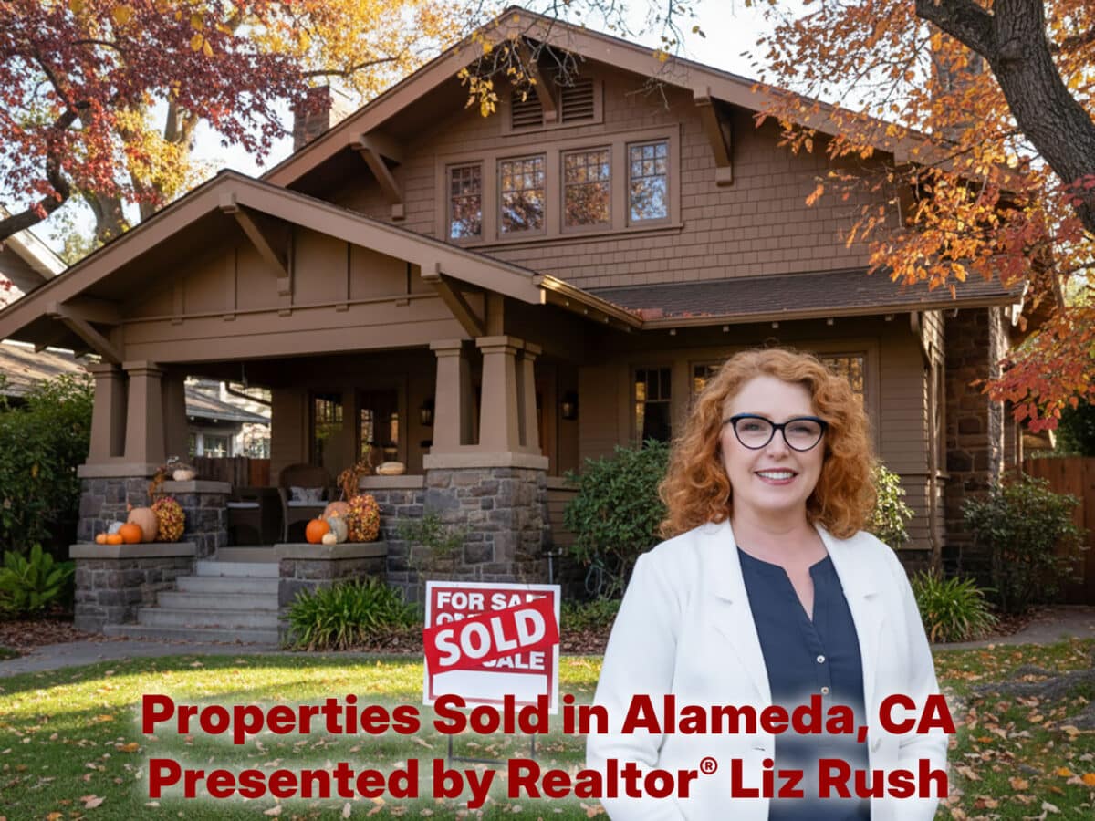 Alameda Post - A photo of a red haired woman smiling in from of a home with the text "Properties Sold in Alameda, CA Presented by Liz Rush."
