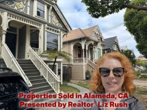 Alameda Post - A smiling red haired woman stands in front of homes with the words "Properties Sold in Alameda, CA Presented by Realtor Liz Rush" over the top.