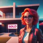 Alameda Post - a stylized cartoon or image of a red headed realtor standing on front of a home with a Sold sign
