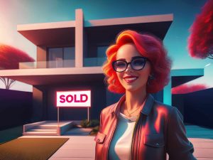 Alameda Post - a stylized cartoon or image of a red headed realtor standing on front of a home with a Sold sign