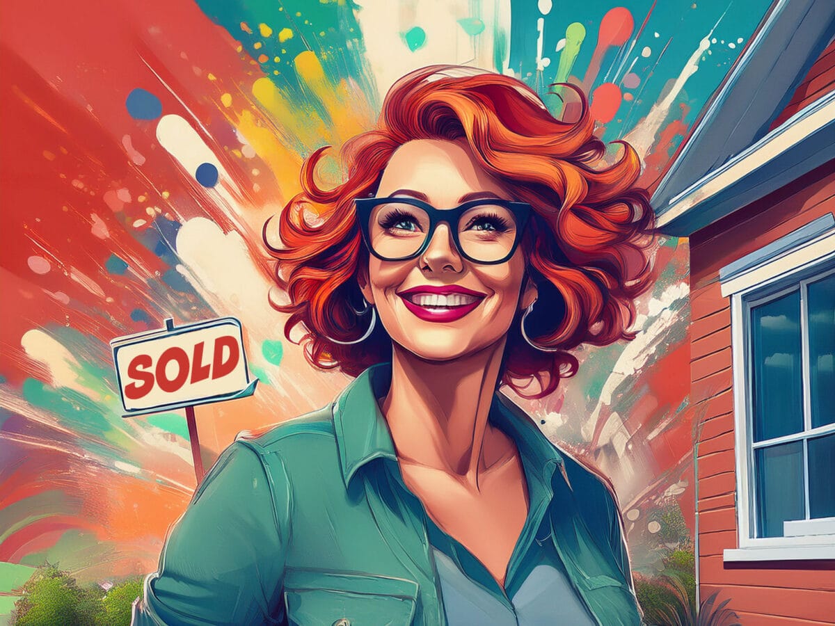 Alameda Post - a cartoon of a red haired woman standing in front of a house with a Sold sign