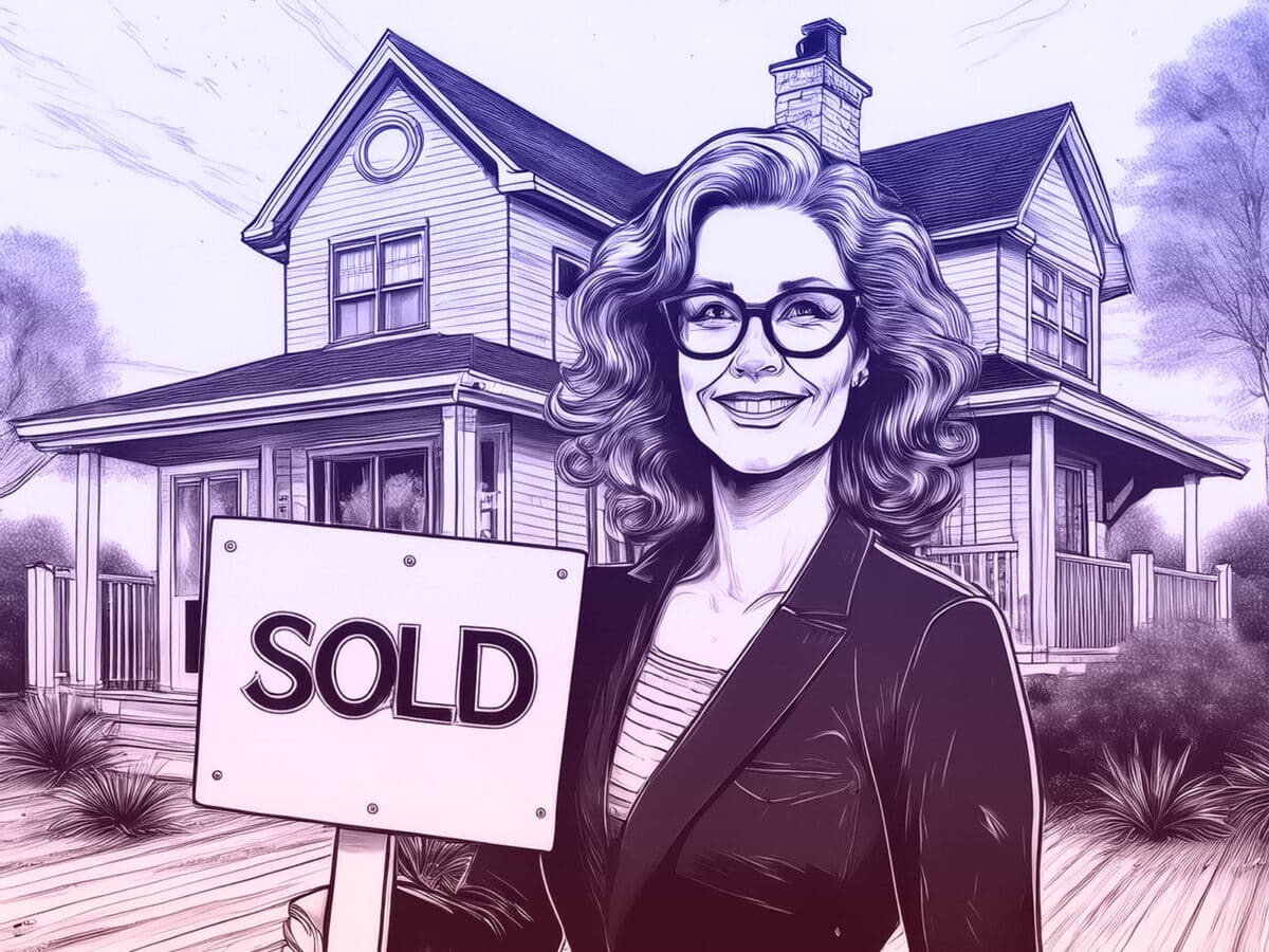 Alameda Post - A black and white sketch of a realtor standing with a "Sold" sign in front of a house.