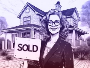 Alameda Post - A black and white sketch of a realtor standing with a "Sold" sign in front of a house.