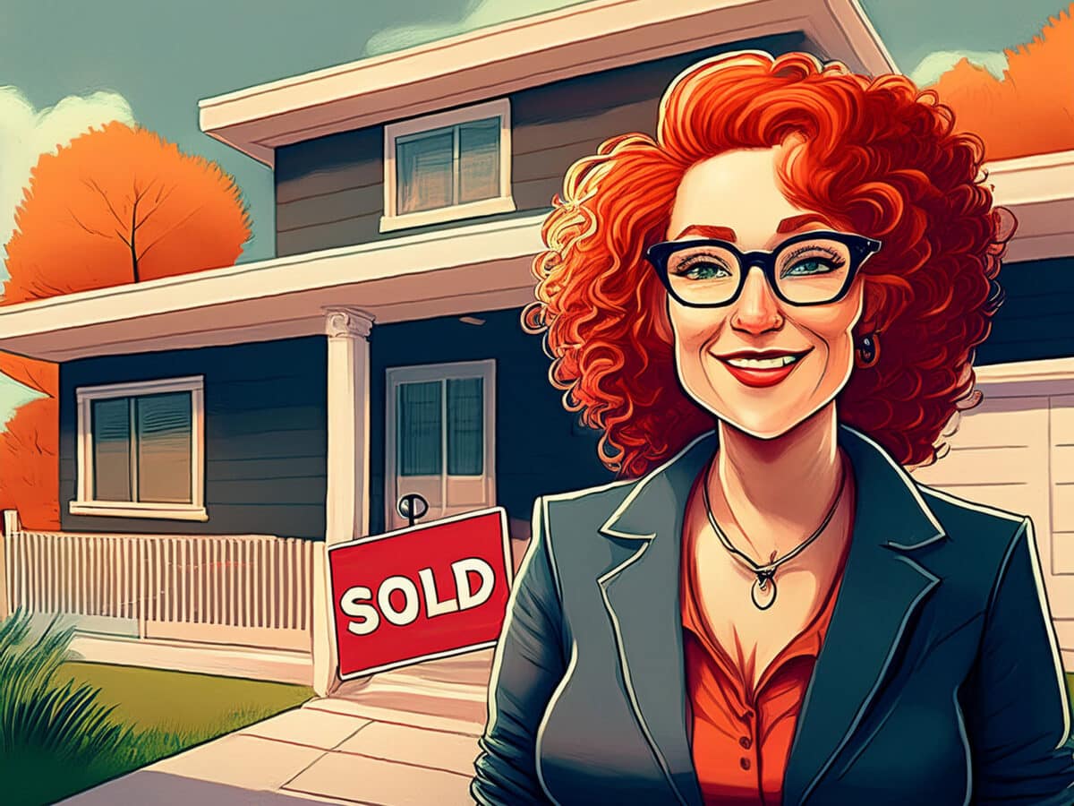 Alameda Post - a red headed woman stands in front of a home with a sold sign in front of it