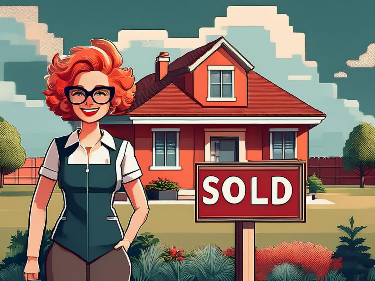 Alameda Post - a red headed woman stands in front of a home with a sold sign in front of it