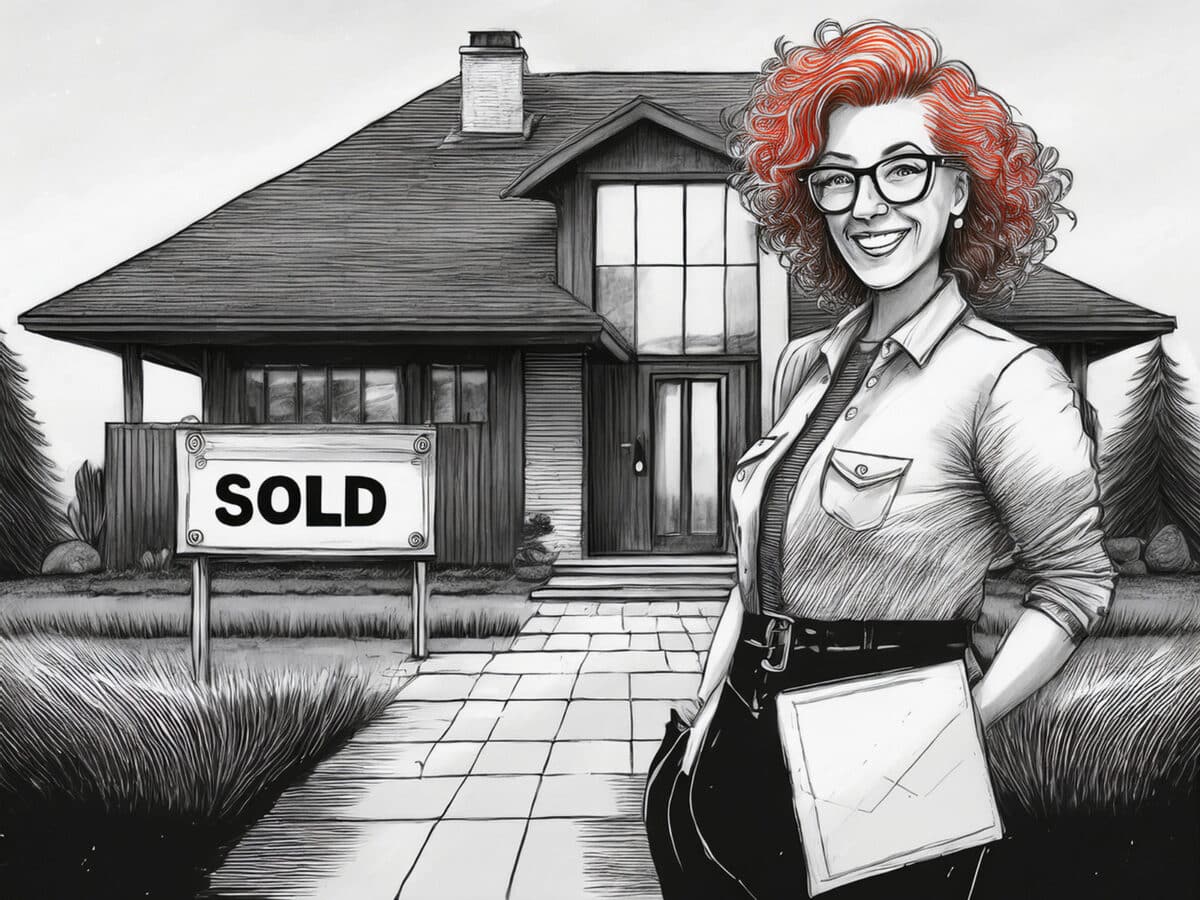 Alameda Post - a drawing of a realtor standing in front of a home with a sold sign.