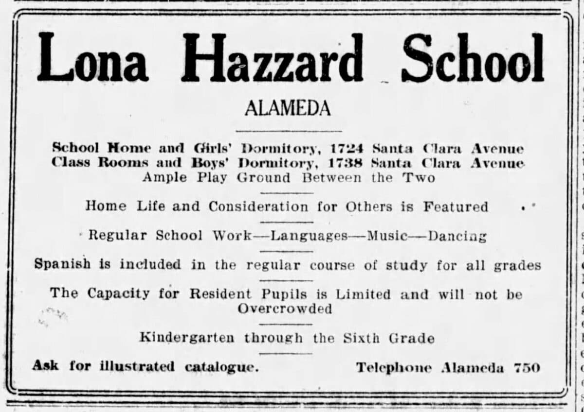 Alameda Post - An advertisement in a newspaper for the Lana Hazzard School.
