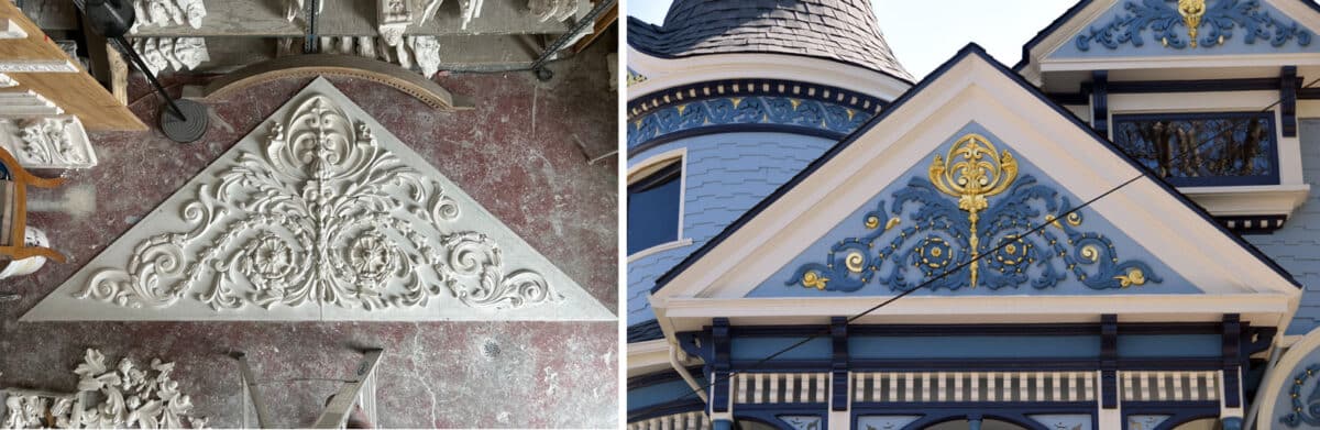 Alameda Post - a before and after of plasterwork being made, and then the plaster placed on the home and painted