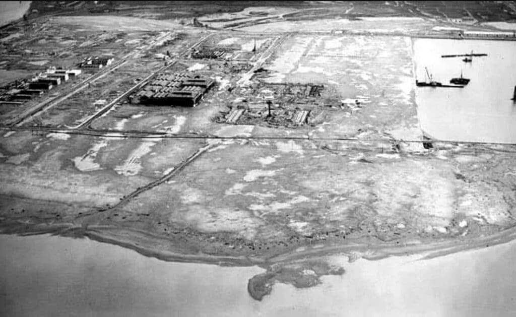 Alameda Post - a black and white aerial photo of Seaplane Lagoon shortly after construction 