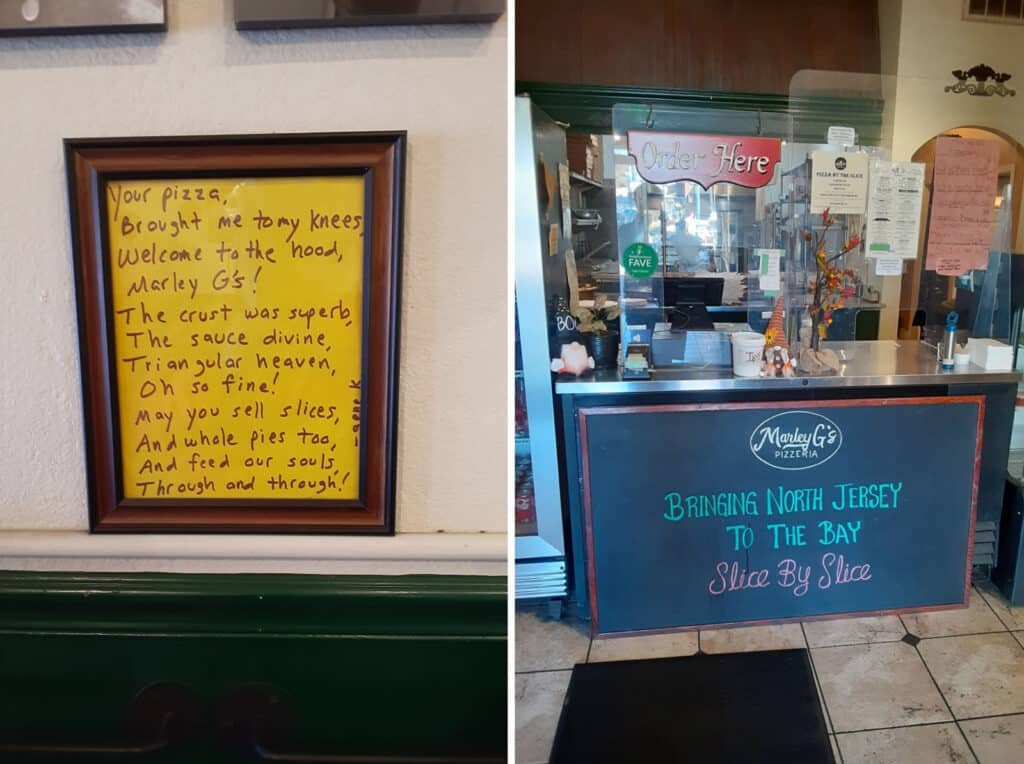Alameda Post - a sign and the interior of Marly G's Pizzeria Pizza shop
