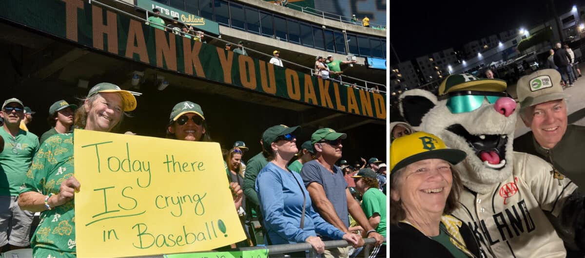 Alameda Post - In one photo, fans in a baseball stand hold a sign that says "Today there Is crying in baseball." In another photo, two people pose with a baseball mascot.