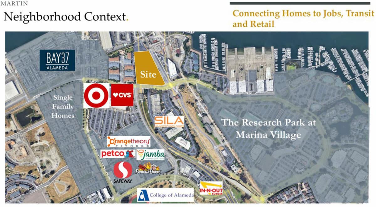 Alameda Post - an annotated aerial map of Alameda including target, CVS, Bay 37 Alameda, Site, Sila, Orange Theory, Petco, Jamba Juice, Famous Dave's Safeway, In-n-out, and the College of Alameda