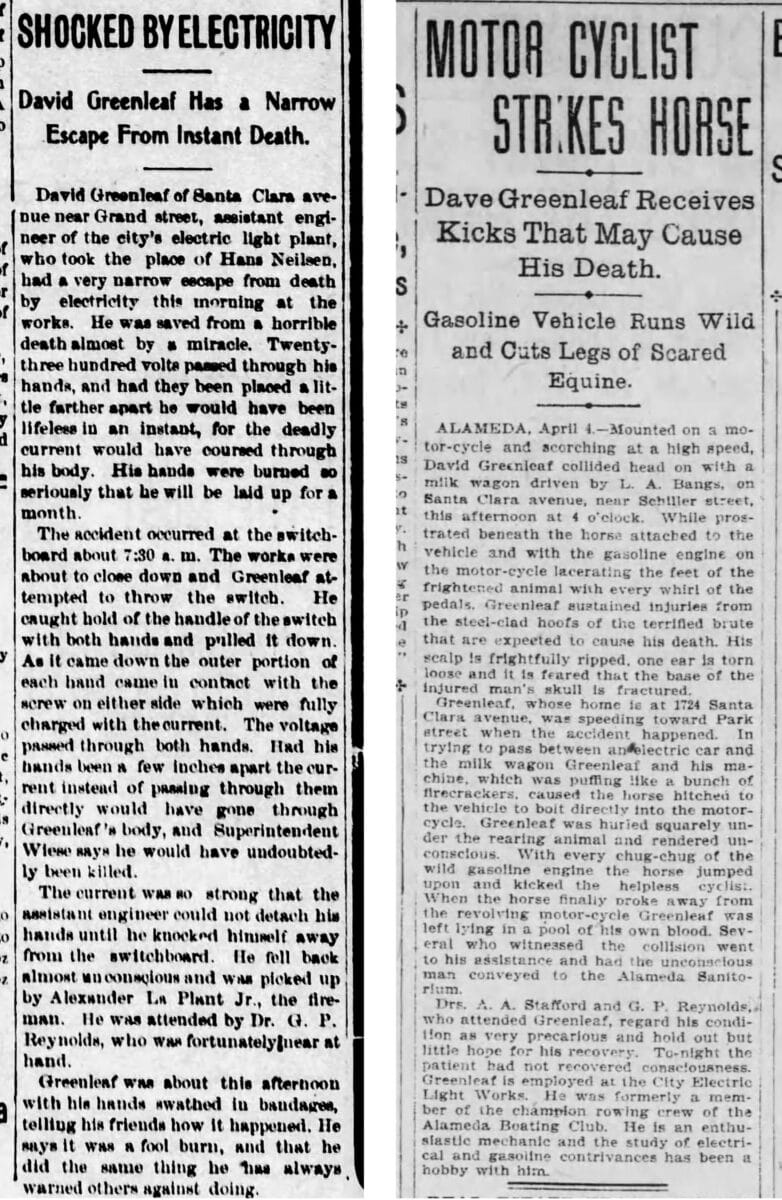 Alameda Post - Two newspaper clippings. One is titled "Shocked by Electricity" And the other is titled "Motor Cyclist Strikes Horse."