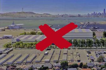 Alameda Post - a red X through a render of a Pacific FUsion facility on Alameda Point