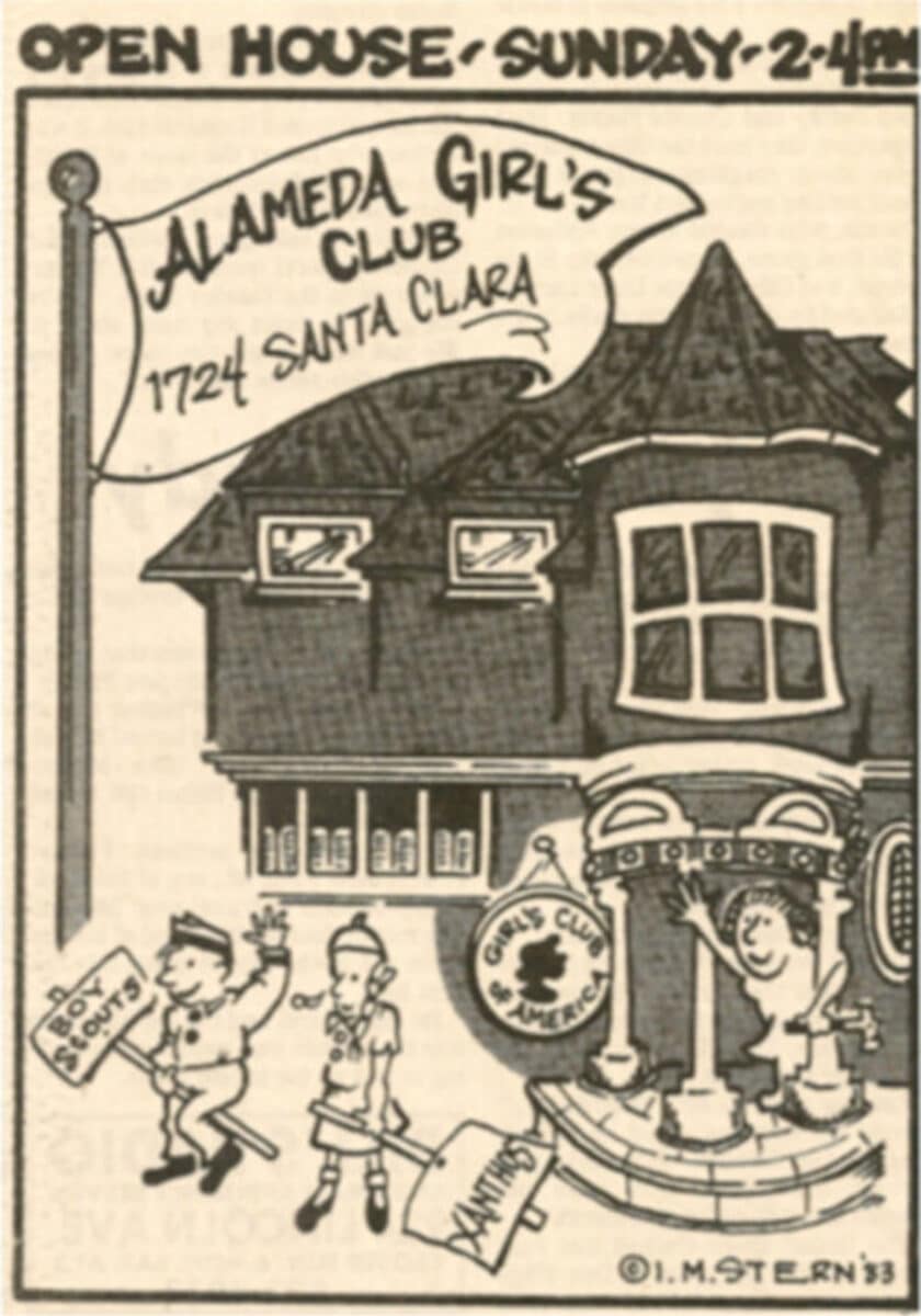 Alameda Post - A comic of 1724 Santa Clara Avenue. A boy holding a sign that says "Boy Scouts" waves as he walks away from the new residents, with a Girls Club of America sign on the home.