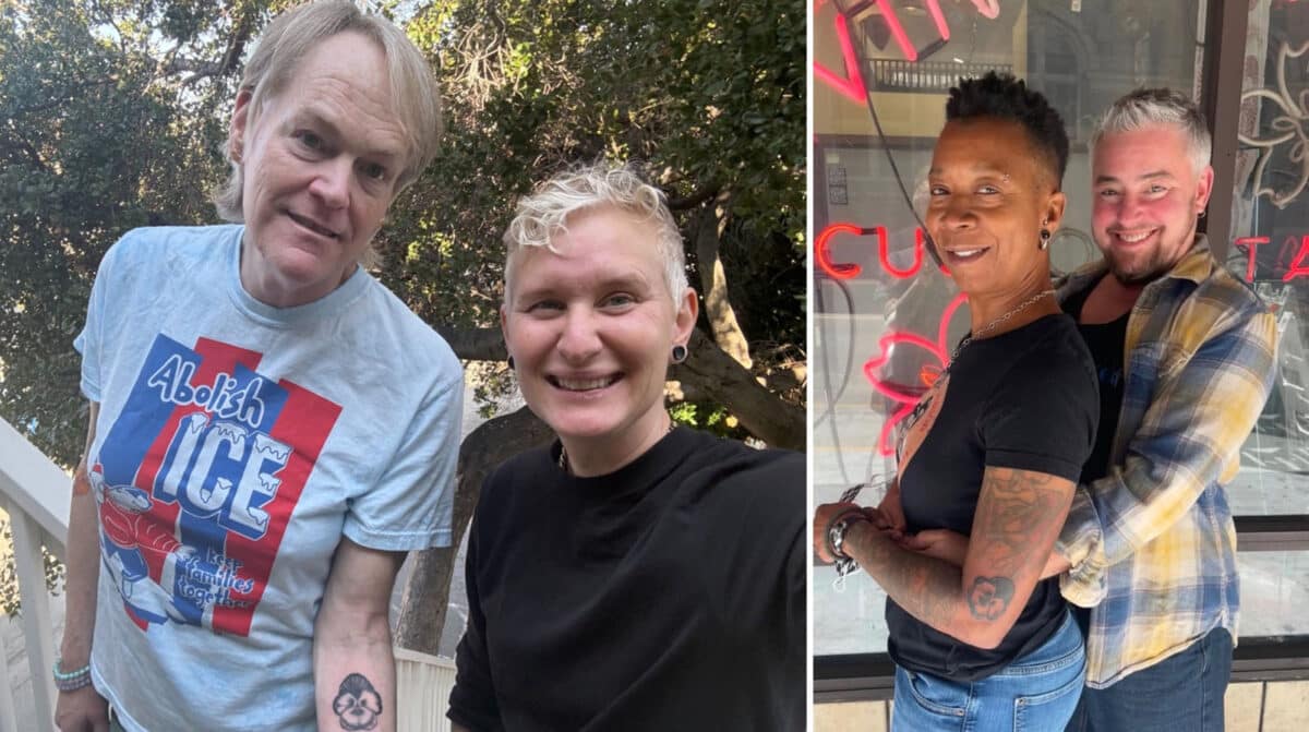 Alameda Post - Clients with pansy tatoos smile at the camera. 