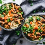 Alameda Post - a bowl of plant-based soup with mushrooms, tofu, noodles, and veggies