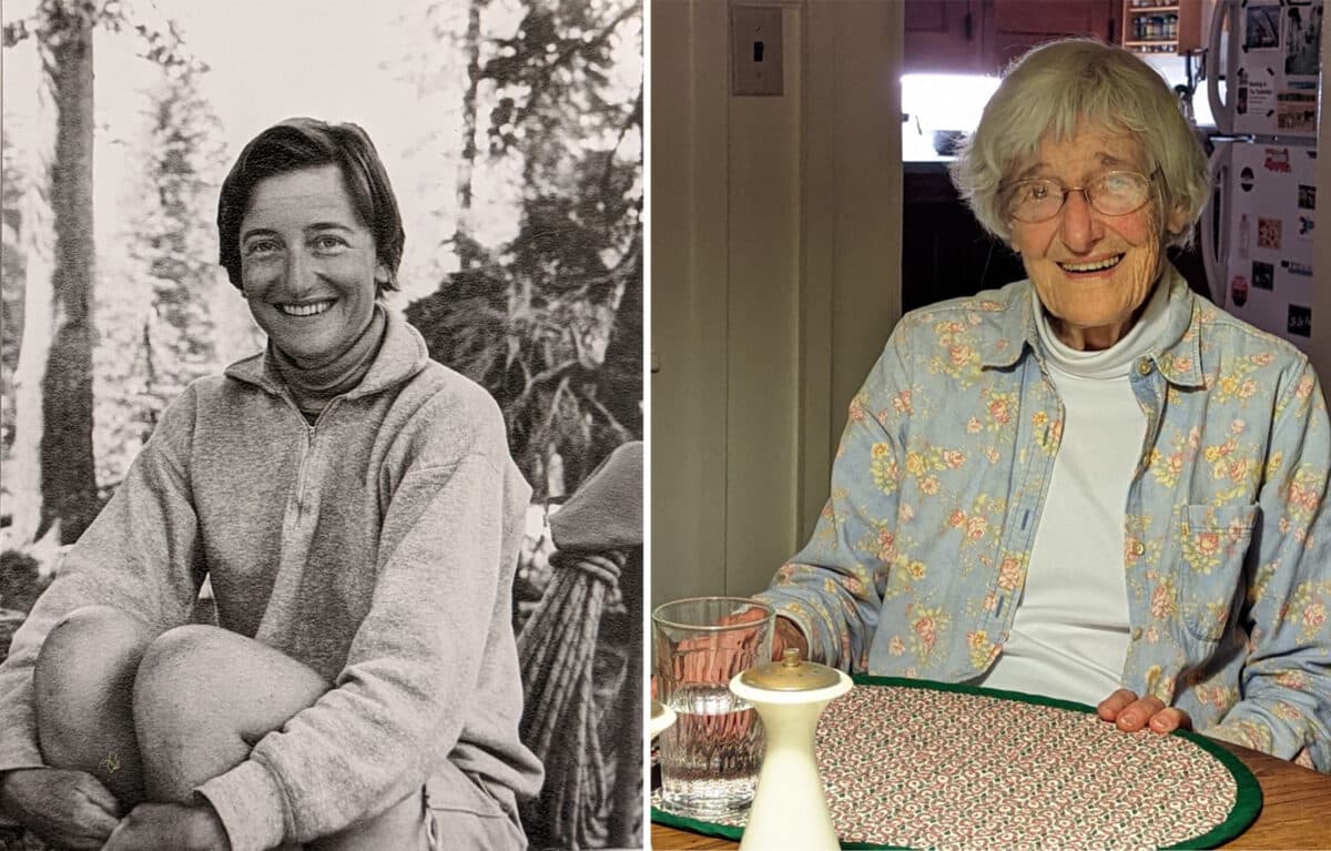 Alameda Post - Sally Faulhaber sitting at a kitchen table, and a photo of Sally as a young woman sitting outdoors and smiling. 