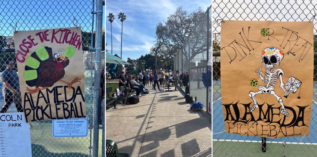 Alameda Post - A hand painted sign with a turkey on it that says "Close the Kitchen. Alameda Pickleball." Another photo shows a hand painted sign with a dancing skeleton on it that says "Dink or Treat. Alameda Pickleball. The signs are on the Lincoln Pickleball court. A third photo shows a crowd watching the court.