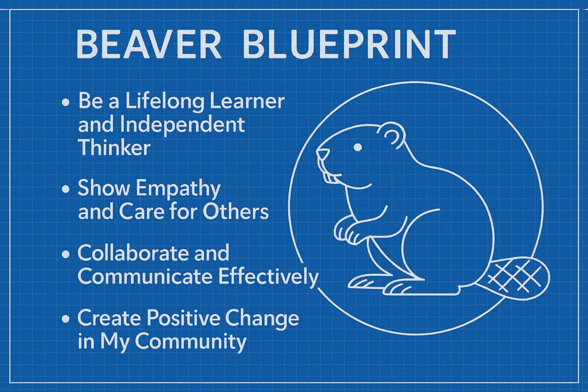 Alameda Post - A graphic with an outline of a beaver that says "Beaver Blueprint: Be a lifelong learner and independent thinker, show empathy and care for others, collaborate and communicate effectively, and create positive change in my community"