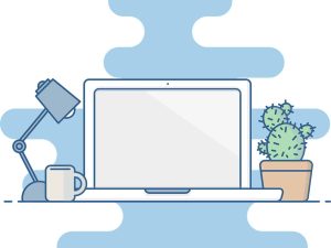 Alameda Post - a graphic of a laptop on a desk with a lamp, coffee cup, and cactus