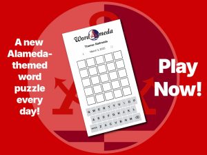 Alameda Post - a screenshot of the Wordameda word puzzle game with overlaid text "A new Alameda-themed word puzzle every day! Play Now!"