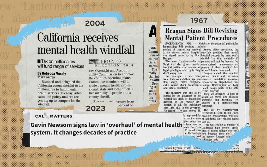 Alameda Post - Illustration showing newspaper articles covering issues leading up to 2024's Proposition 1. CalMatters illustration