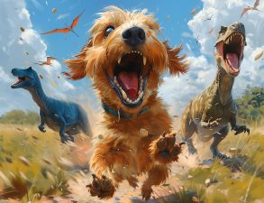 Alameda Post - a whimsical image of a dog running with dinosaurs