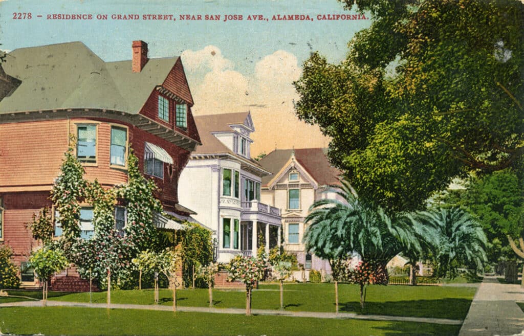 Alameda Post - a postcard depicting 921 Grand Street and neighboring houses