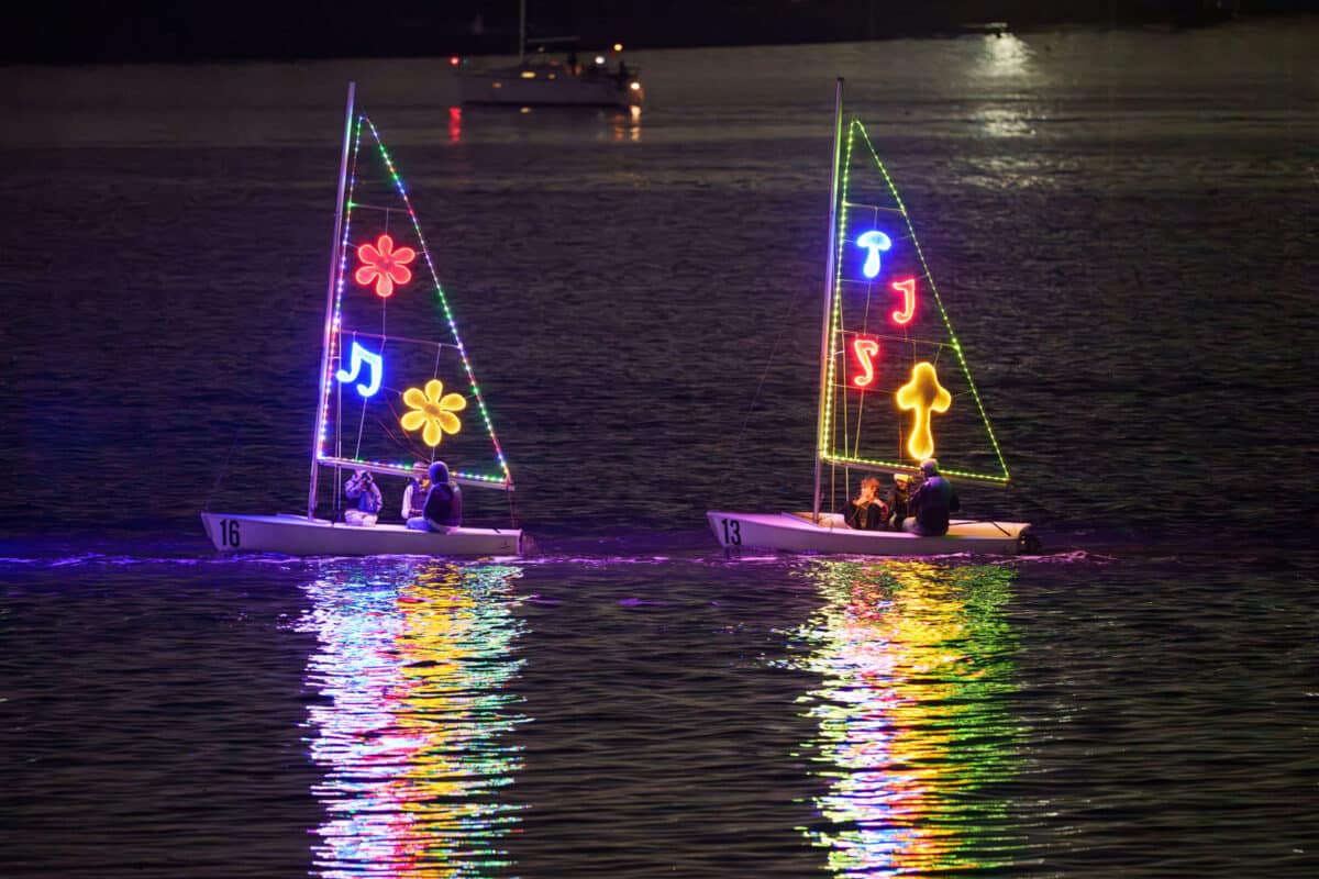 Alameda Post - Sailboats with lighted decorations of music notes, mushrooms, and flowers.