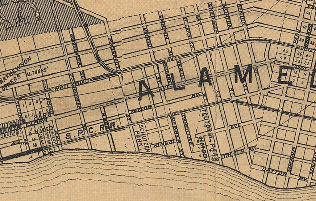Alameda Post - an old map of the central part of the island of Alameda, cutting off the north and south, including the Gold Coast