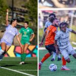 Alameda Post - a photo of an Oakland Soul player raising her first triumphantly and a photo of an Oakland Roots player dribbling around the opposing team