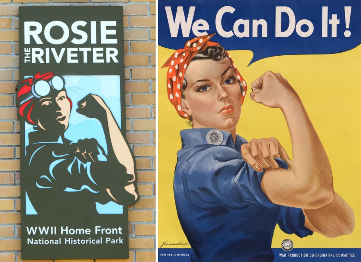 Alameda Post - a sign on the outside of the museum with Rosie the Riveter and the original poster