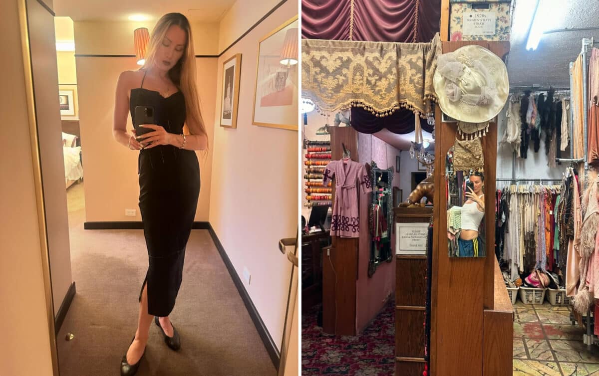 Alameda Post - A woman in a black dress taking a mirror selfie, and a clever selfie in a tiny mirror showing a large vintage thrift store or similar building. 