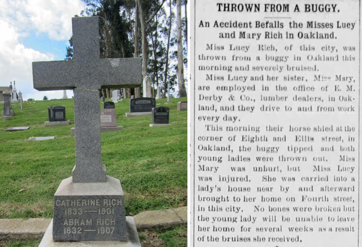 Alameda Post - a gravestone in the shape of a cross and a newspaper article titled "Thrown from a buggy"