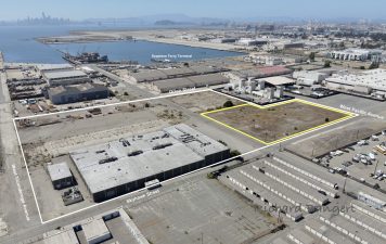 Alameda Post - an aerial view of Alameda Point with a large outline of the Pacific Fusion site and an outline inside of it that indicates where Chevron must clean up