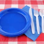Alameda Post - A blue plastic plate on a red and white checkered tablecloth.