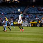 Alameda Post - an Oakland Roots player heads the ball in a match against El Paso Locomotive