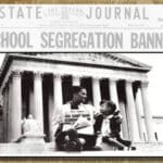 Alameda Post - A black and white photo of a woman and child holding a newspaper headlined "High Court Bans Segregation..."