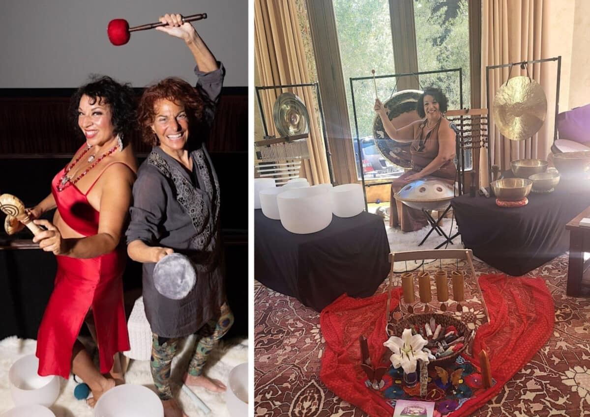 Alameda Post - two women pose with instruments used in Sound baths