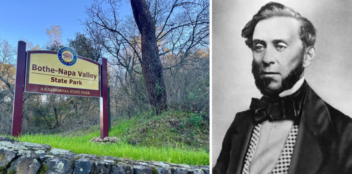 Alameda Post - A photo of a state park sign for Bothe-Napa Valley State Park, and a black and white photo of Samuel Brannan.