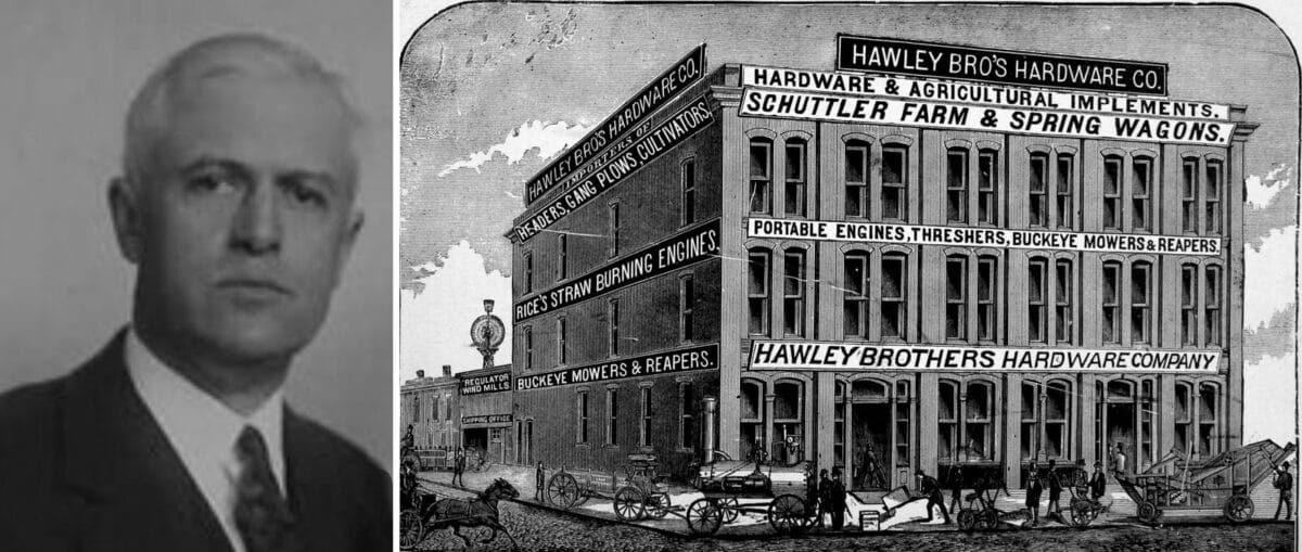 Alameda Post - a photo of Stuart Hawley and a drawing of a three storyhardware store