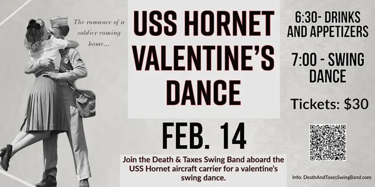 Alameda Post - A poster for the USS Hornet Valentine's Day Swing Dance. 