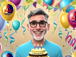 Alameda Post - a graphic of Alameda Post publisher Adam Gillitt holding a birthday cake, with balloons in the background