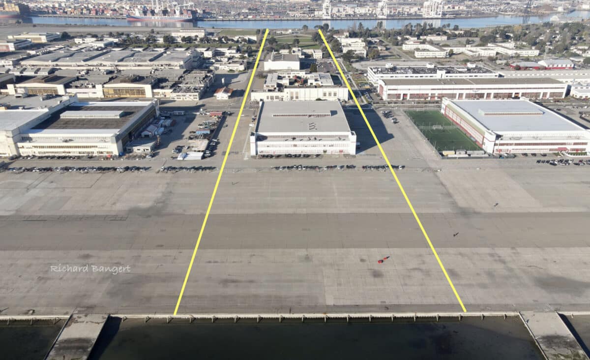 Alameda Post - An aerial photo of Alameda Point land indicating a large section of tidelands that cut Alameda Point in half. 